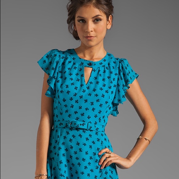 Milly Dress Teal with Clover Print Size 0 Silk - Picture 3 of 7